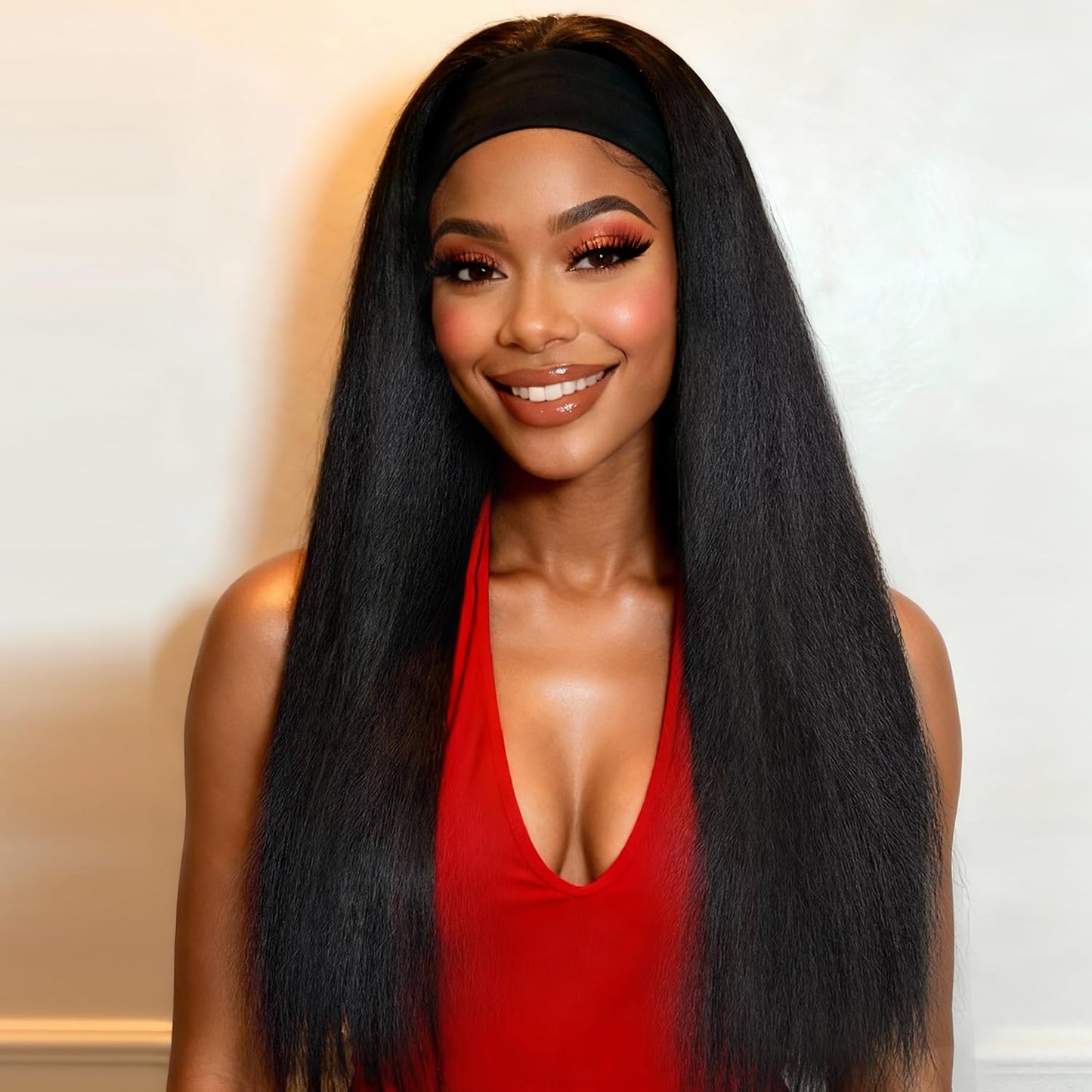 Kinky Straight Headband Wig for Black Women - 180% Density Human Hair | Natural Black, 16in
