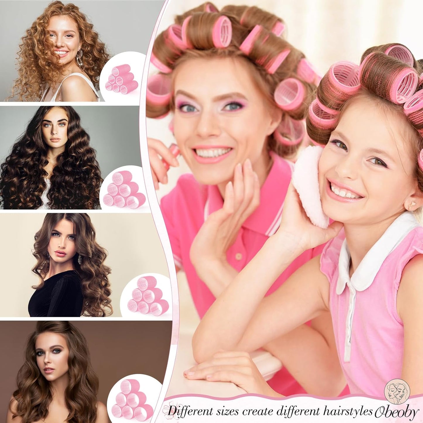 Self-Grip Hair Rollers Set - 50 Pcs for Long, Short Hair & Bangs | 4 Sizes (25mm, 36mm, 48mm, 60mm) - Pink