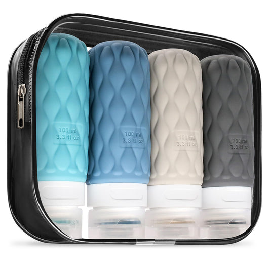 Lericttor 100 ml Silicone Travel Bottles for Toiletries with Labels/Clear Bag, Holiday Travel Essentials Leakproof Refillable Squeeze Travel Size Containers Set for Shampoo and Conditioner