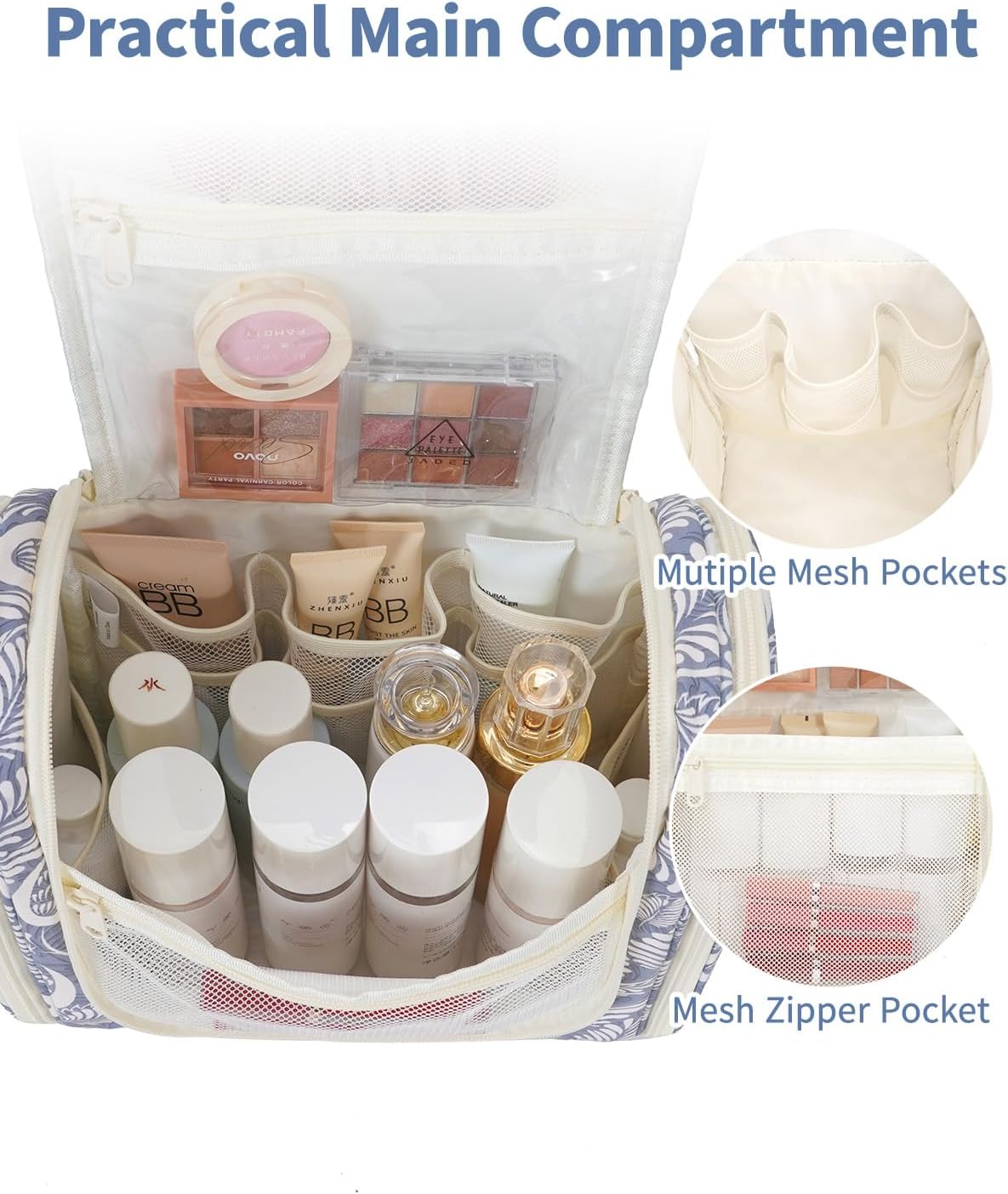 Hanging Toiletry Bag for Women | Travel Makeup Organizer - Large Blue Leaf Design