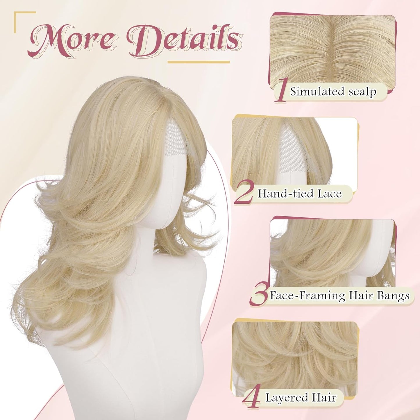 Blonde Layered Wig with Curtain Bangs - Natural-Looking Synthetic Hair | 20 Inch Light Blonde