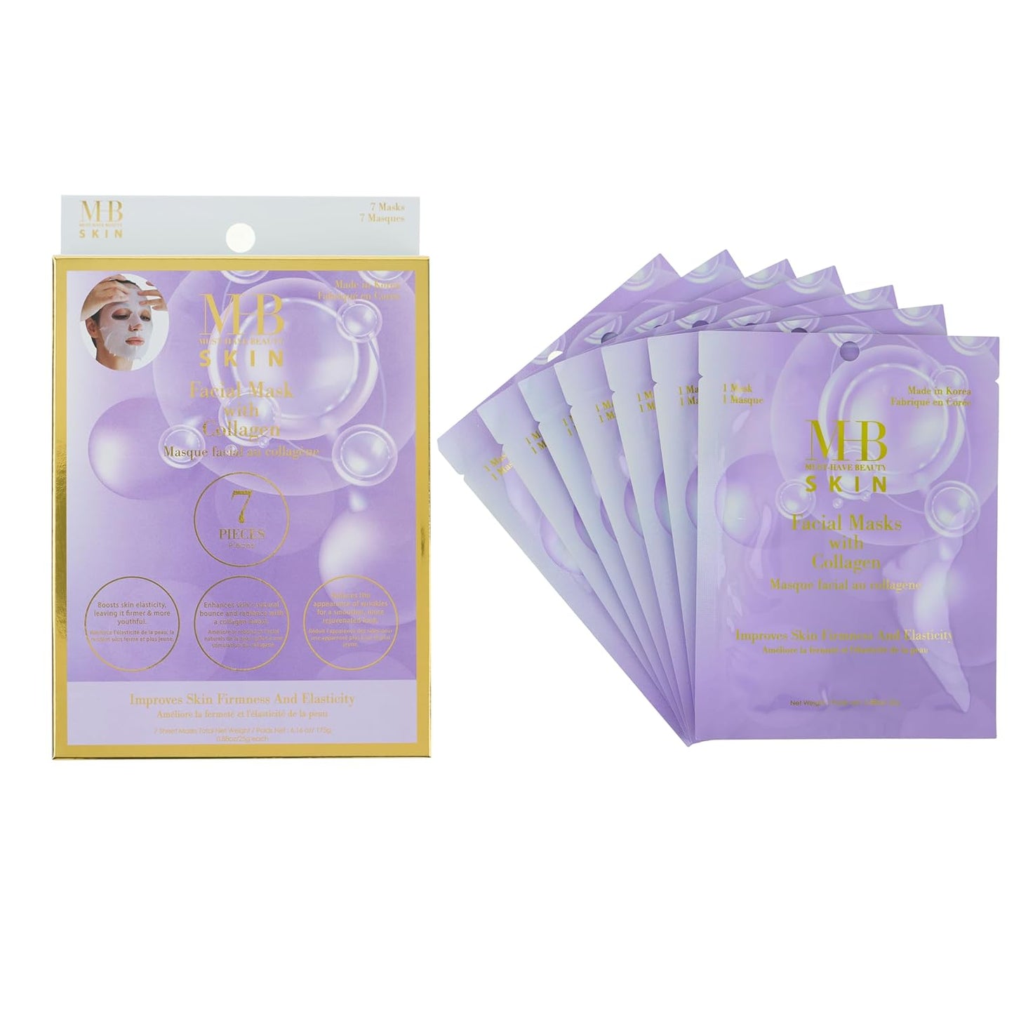 Collagen Sheet Mask Set - 7pc Firming Facial Masks | Hydrolyzed Collagen for Youthful Skin | Korean Skincare
