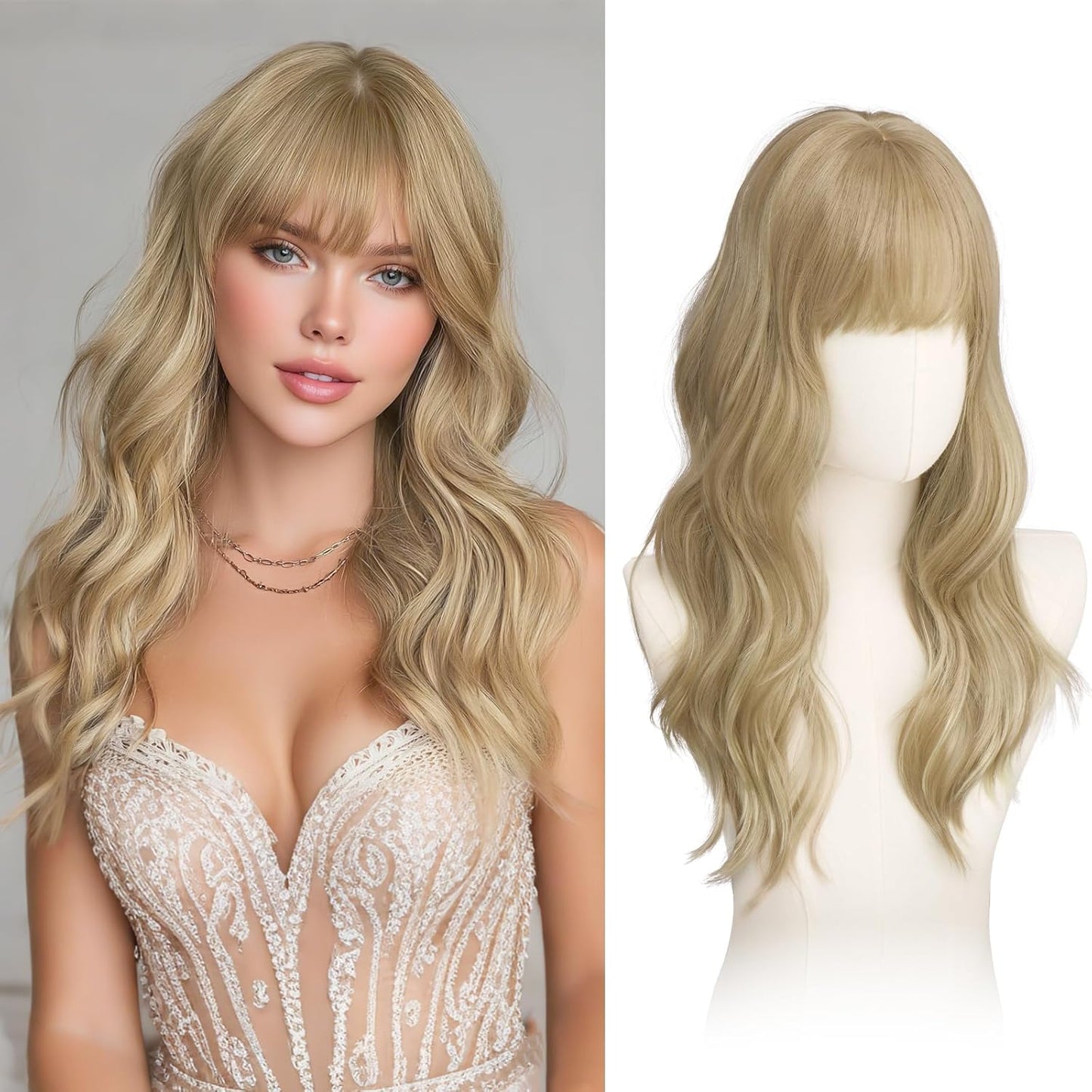 Brown Wigs with Bangs - 20 Inch Soft Wavy Synthetic Heat-Resistant Hair Wig for Women | Natural Look, Perfect for Daily Wear