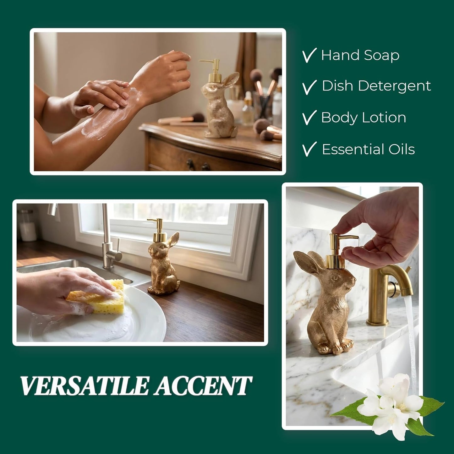 Gold Bunny Soap Dispenser Set - Vintage Rabbit Hand & Dish Soap Dispensers for Kitchen & Bathroom | 8oz Rust-Proof Resin Statues