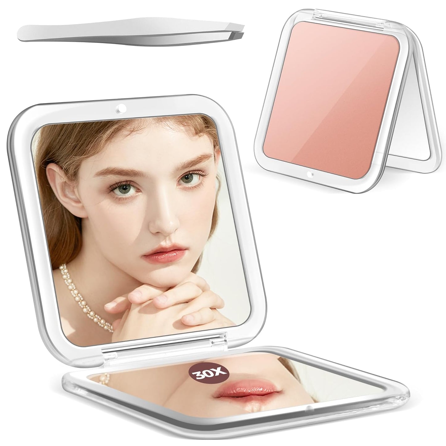 Compact Mirror - 30X Magnifying Pocket Mirror for Travel | Makeup Essentials with Precision Tweezers