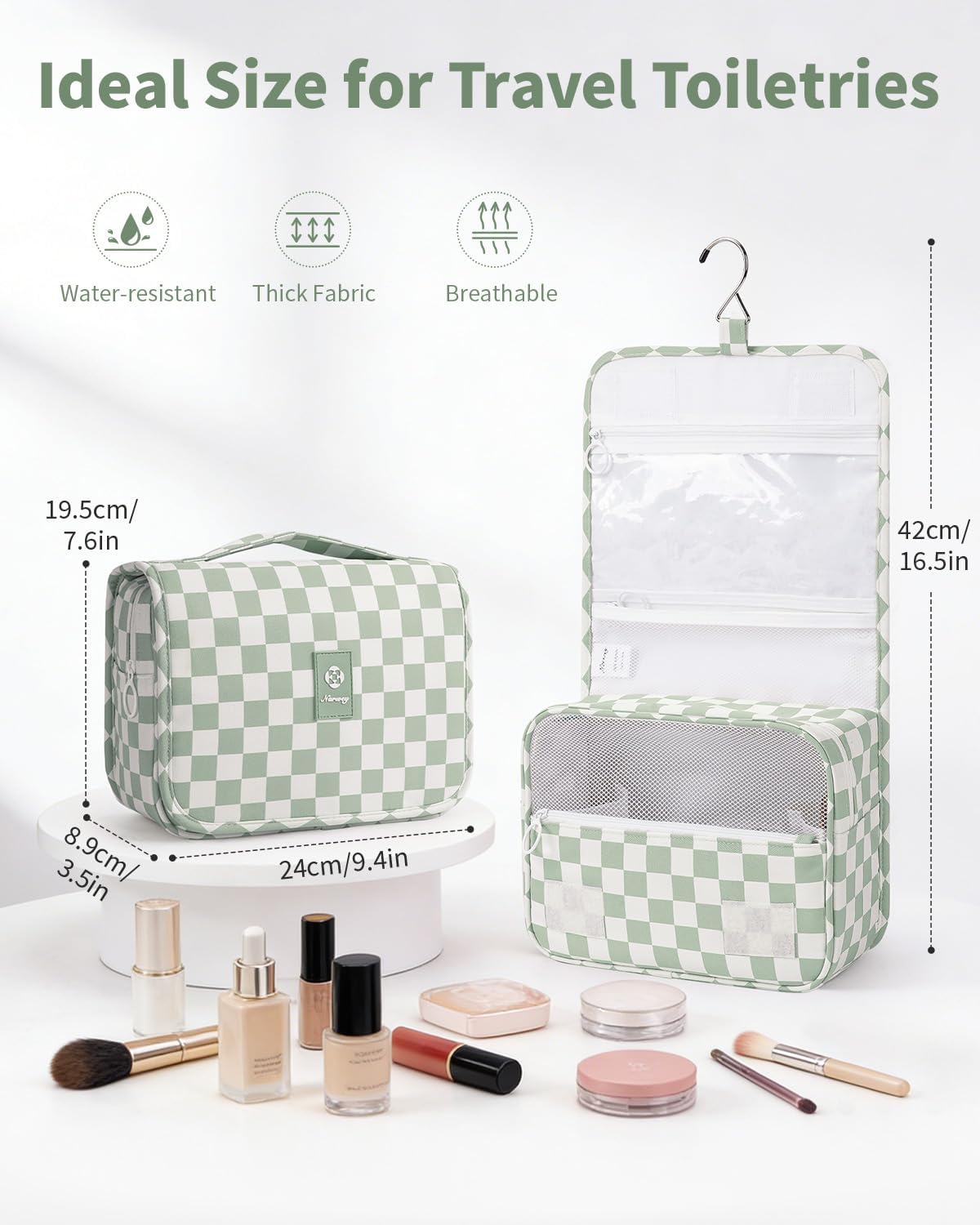 Narwey Small Hanging Travel Toiletry Bag - Checkered Makeup Organizer for Women | Mint Green Checkerboard