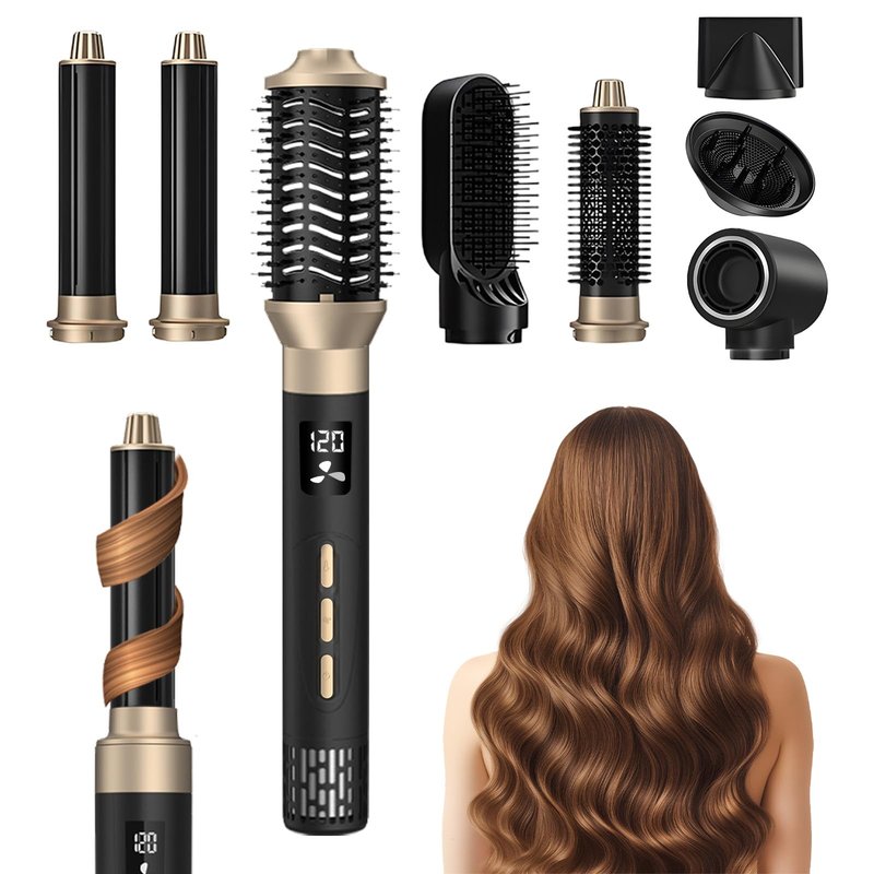 Hair Dryer Brush and 8 in 1 Hair Styler, Blow Dryer Brush with 110,000 RPM High-Speed Negative Ion, Multi Hair Styler with HD Digital Display for Fast Drying Straightening Curling (Black Gold)
