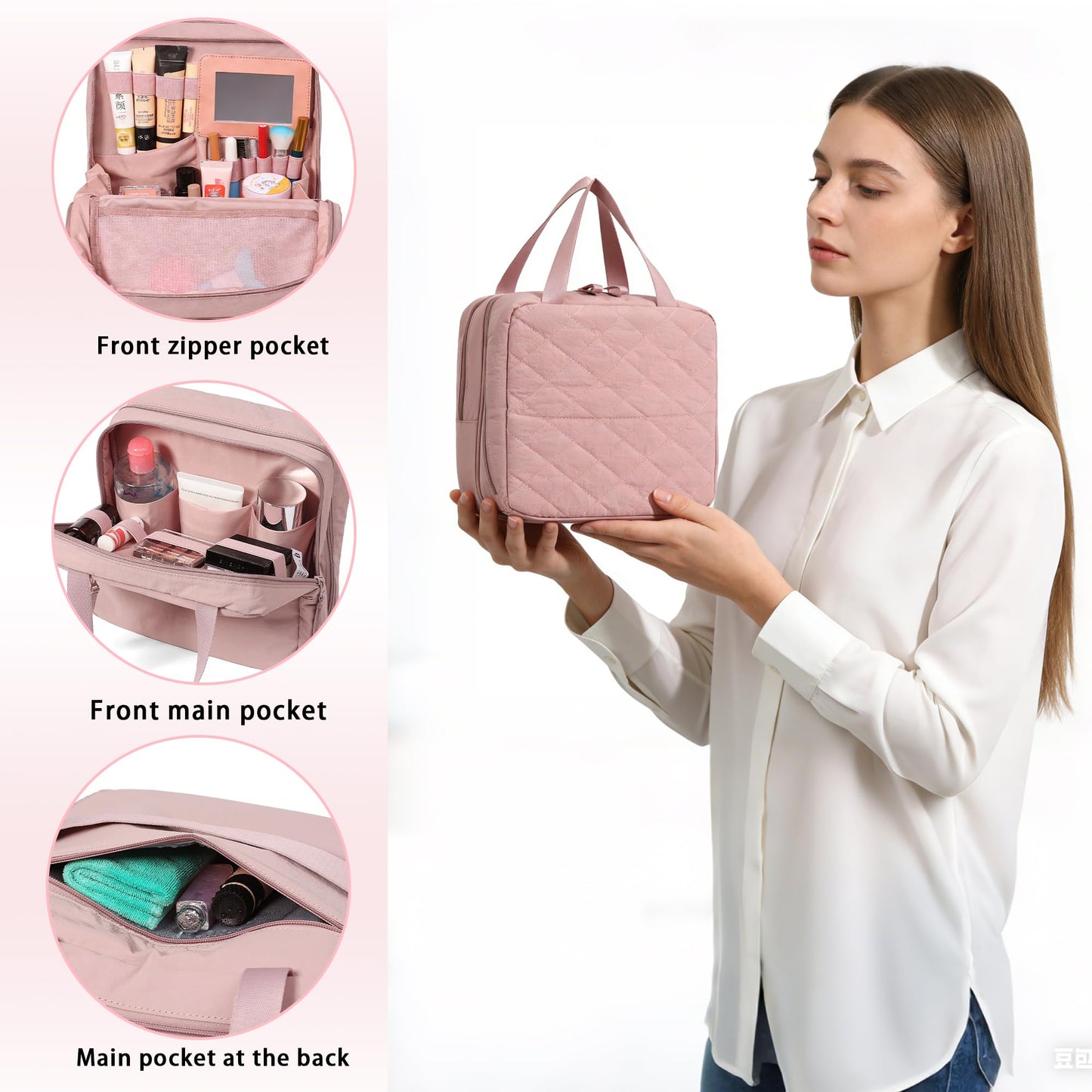 Geerlaqaly standing makeup bag, toiletry Bag 2-in-1 Women's Large Capacity Foldable Travel Makeup Storage Bag, Dry wet separation layer,Portable,khaki