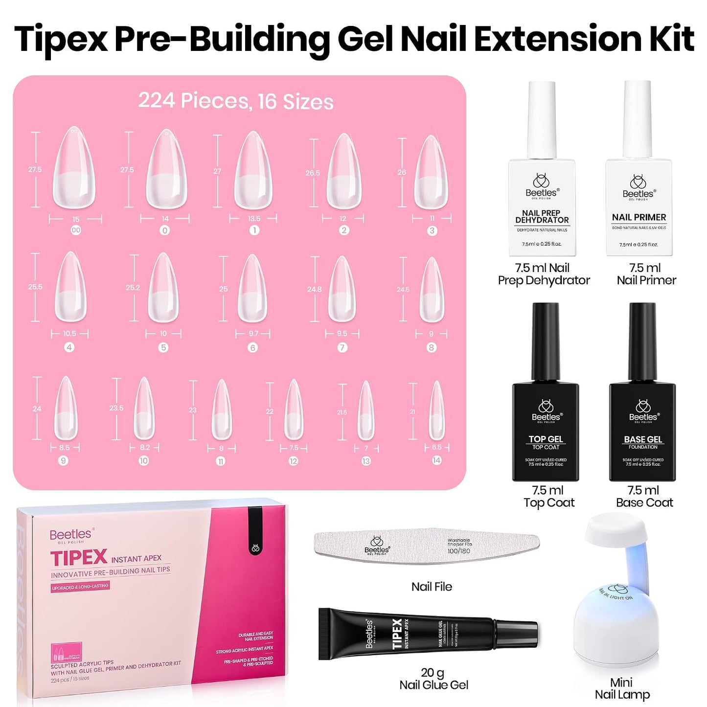 Apex Nail Tips Kit - Medium Stiletto 224PCS | Dehydrator, Primer, Glue & Mini UV Lamp for Long-Lasting Wear