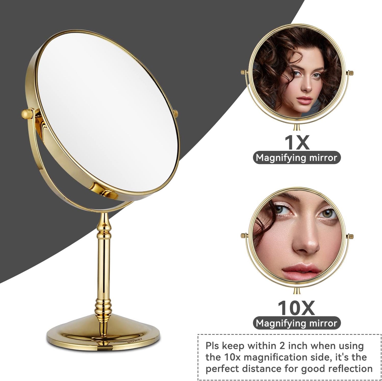 DOWRY 10x Magnification Makeup Mirror - Two-Sided Vanity Mirror | Gold Finish for Home & Gifts