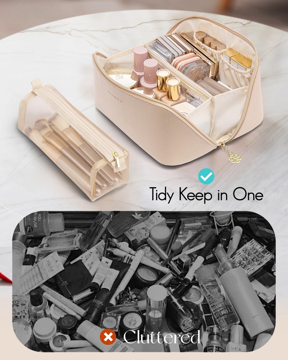 VLANDO Makeup Bag - Travel Toiletry & Cosmetic Bag for Women | PU Leather, Portable Design - Toffee