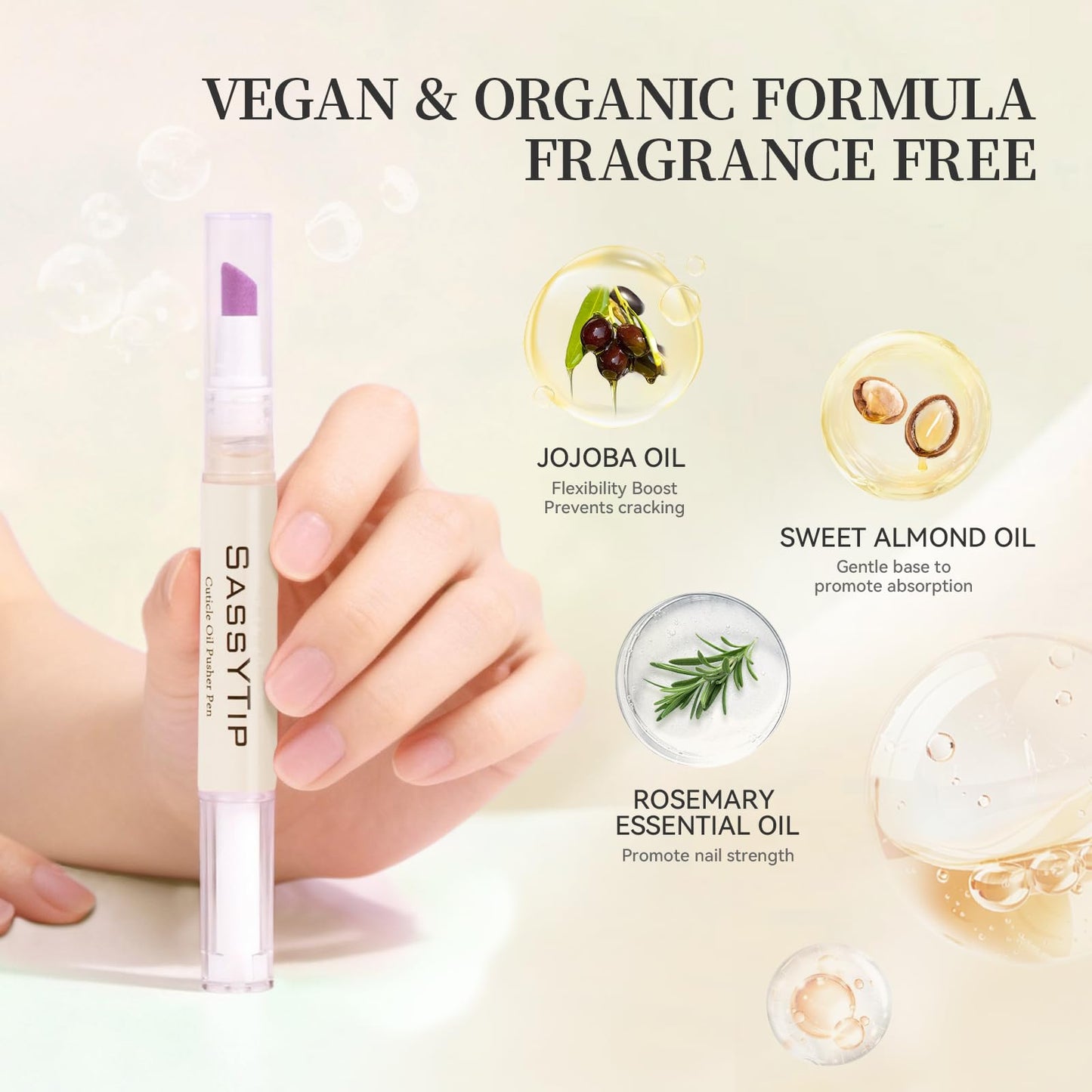 SASSYTIP Ceramic Cuticle Pusher & Oil Pen, 2ml Rose/Lavender/Fragrance Free Scented Nail Care Pen, Gentle Cuticle Remover for Dry & Damaged Nails, Moisturize Strengthen Brighten (Beige)
