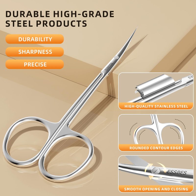 ESSBES Facial Hair Small Precise Grooming Scissors for Men Women Extra Fine Curved Blade Super Slim Professional Manicure Scissors for Cuticle, Eyebrow, Nose Hair, Mustache, Bead and Dry Skin