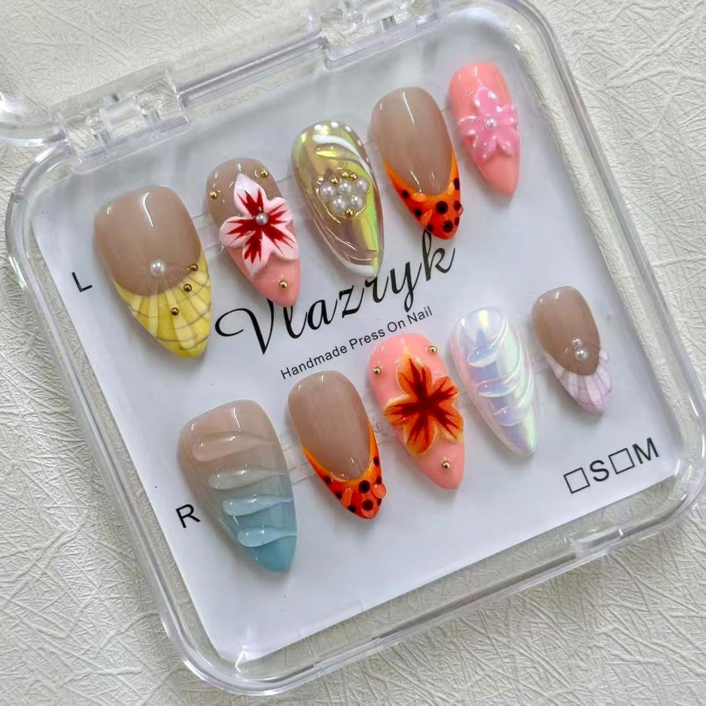 Brown French Tip Press On Nails - 3D Metallic Rhinestones | Medium Almond Reusable Acrylic False Nails (10 PCS)