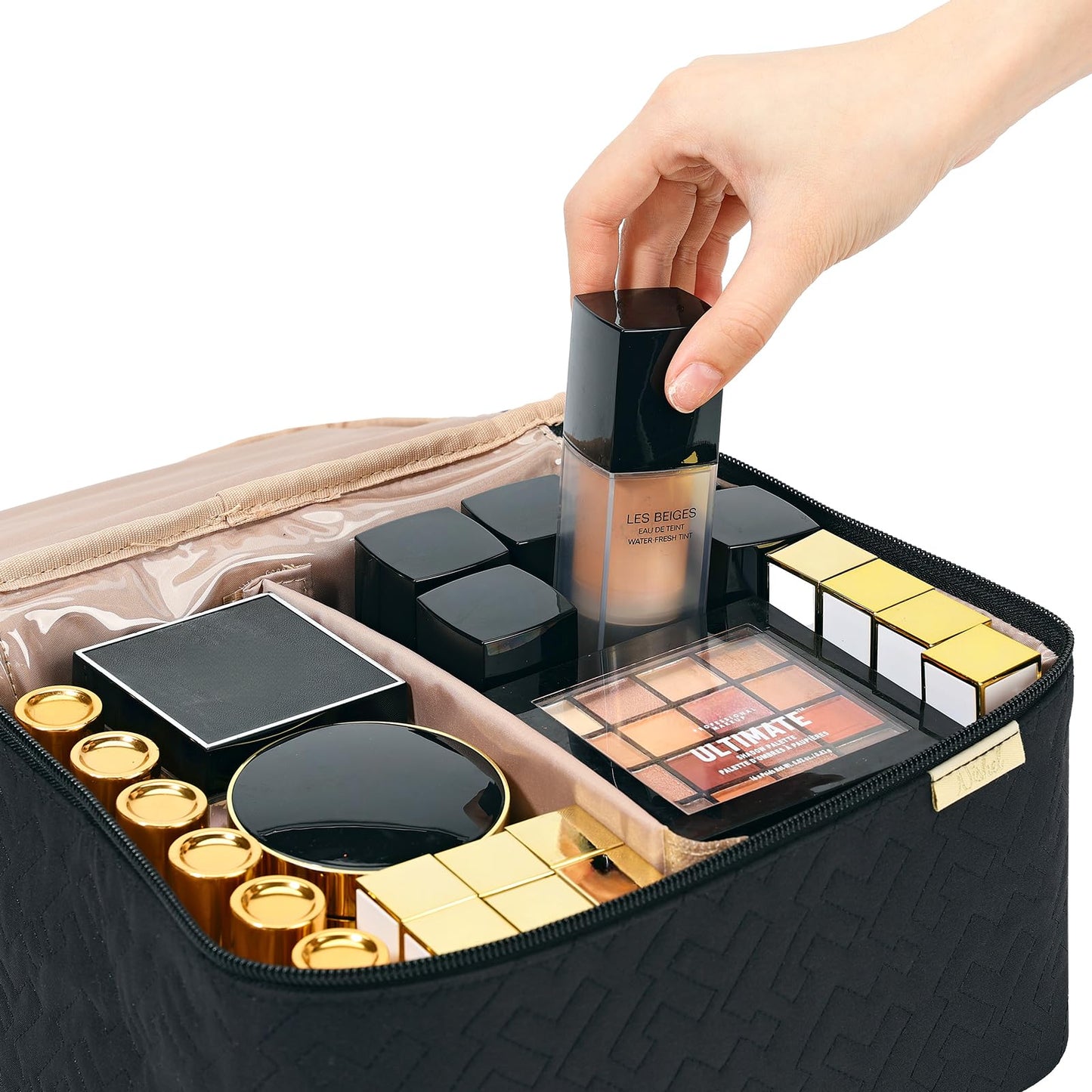 NISHEL Large Double Layer Travel Makeup Bag Women, Cosmetic Case, Organizer for Travel-Size Accessories Bottles, Brushes, Conditioner, and Skin Care Products, Black