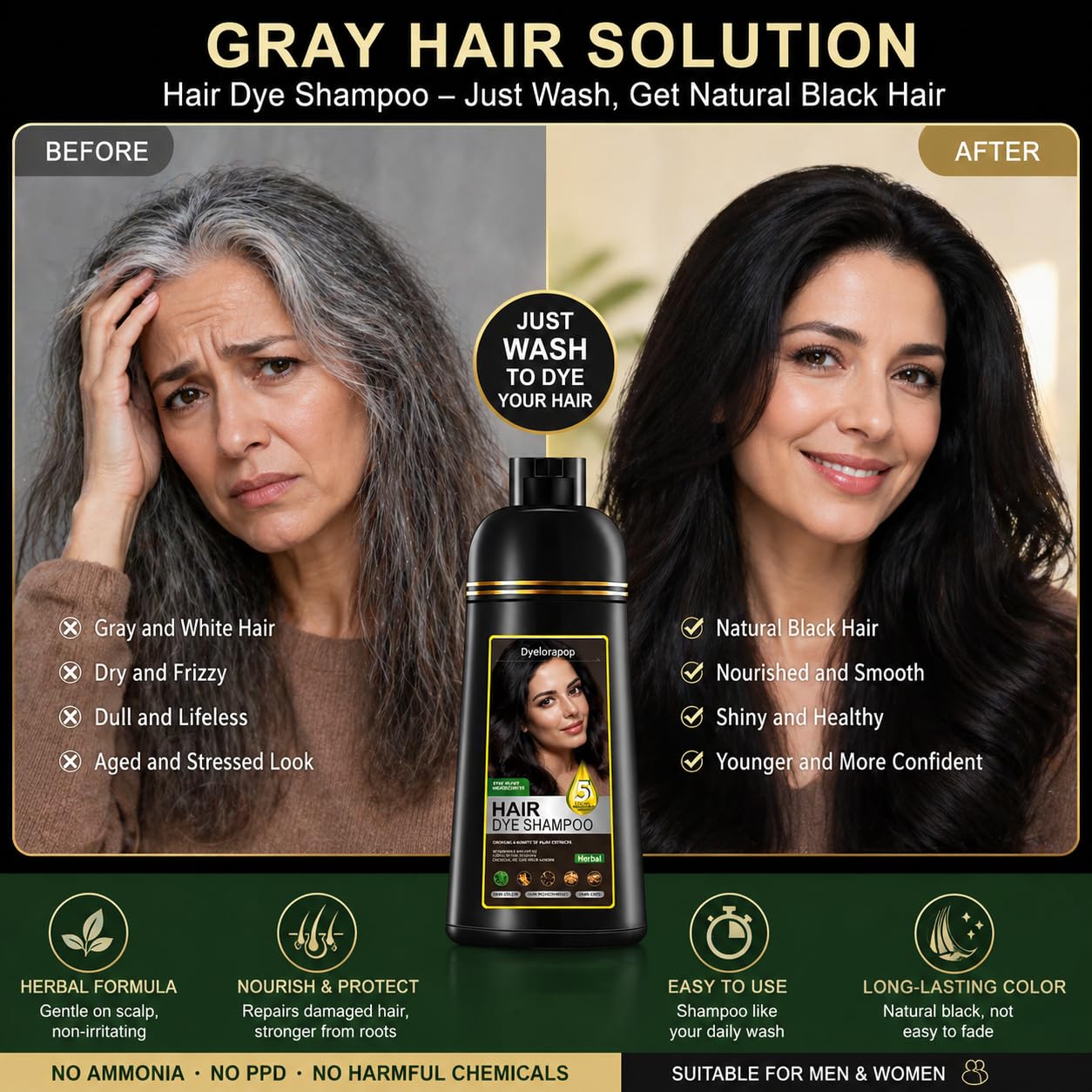 Hair Dye Shampoo - 5 in 1 Herbal Formula for Gray Coverage | Semi-Permanent Argan Color, 500ml (Black)