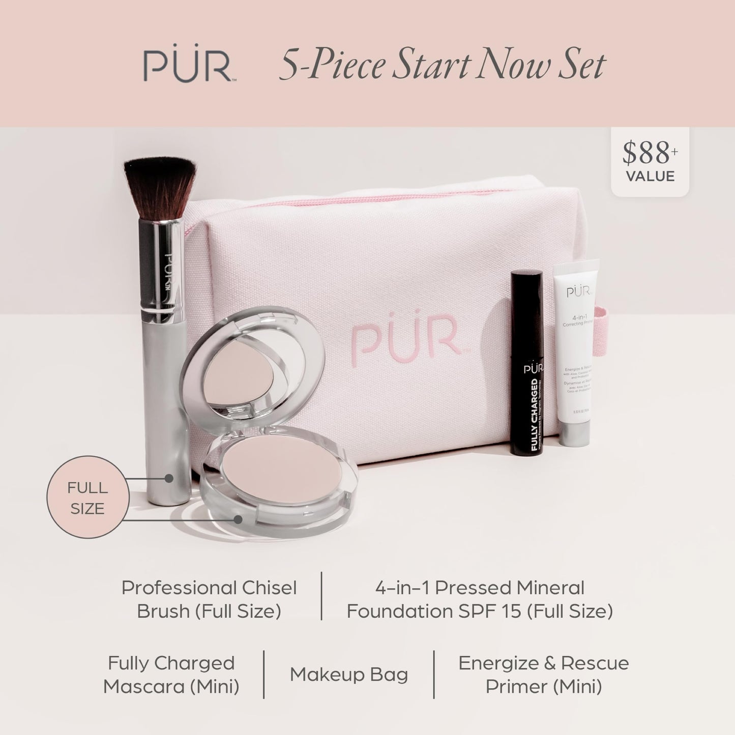PÜR MINERALS Multitasking Essentials Kit, Blush Medium - Makeup Gift Set Includes 4-in-1 Correcting Primer, Fully Charged Mascara, 4-in-1 Pressed Mineral Powder & 1 Chisel Brush