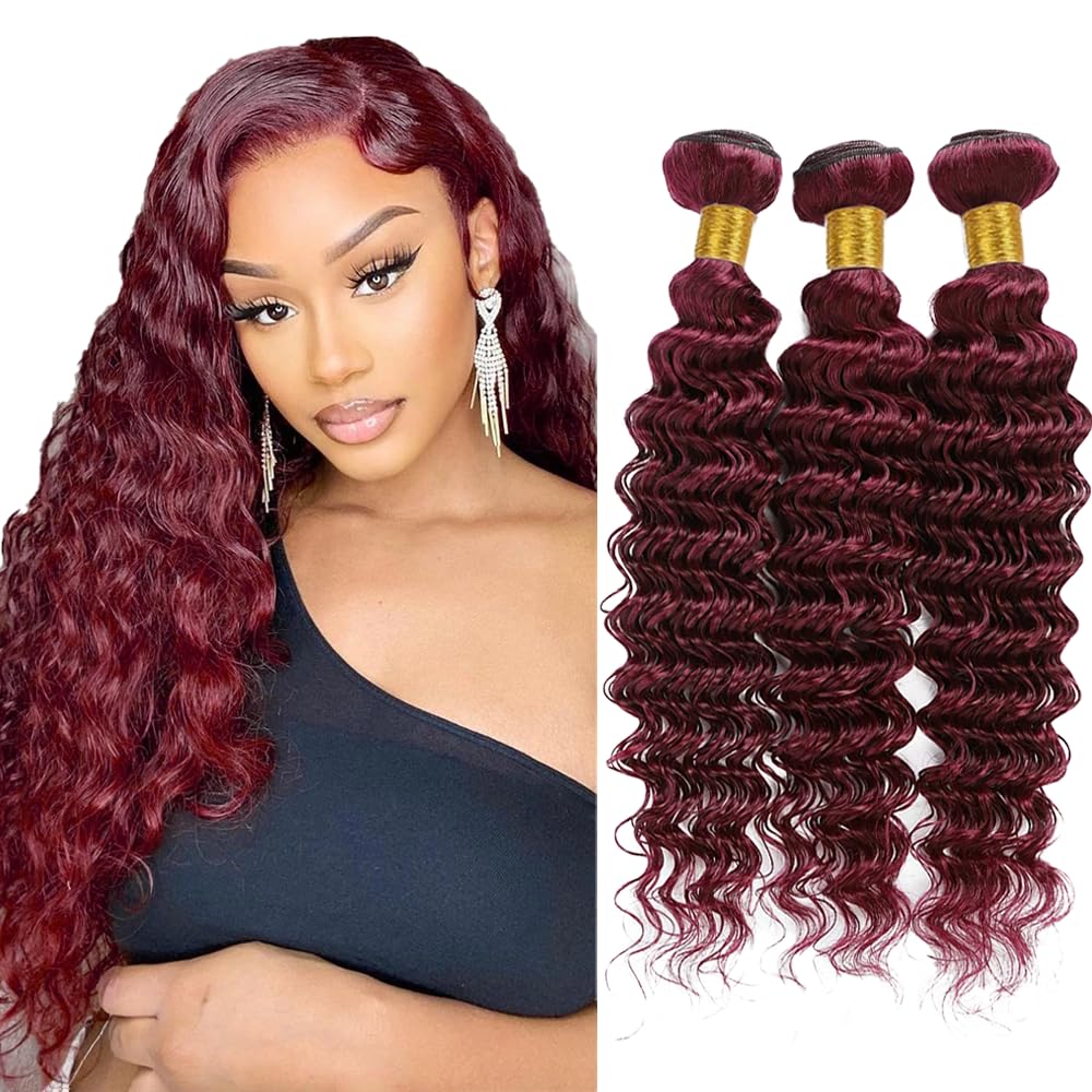 Wine Red Bundles Human Hair Deep Wave Bundles 20 20 20 Inch #99J Burgundy Deep Wave Bundle Unprocessed Brazilian Virgin Weave Hair 3 Bundle 50 Gram Per Bundle