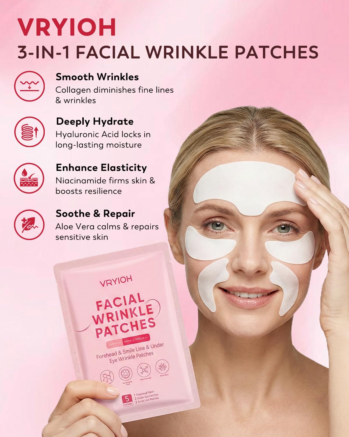 Facial Wrinkle Patches - 3 in 1 Collagen & Hyaluronic Acid Treatment | 60 Overnight Hydrogel Patches for Forehead & Smile Lines