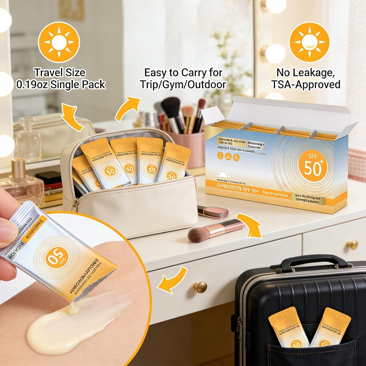 Travel Size Sunscreen SPF 50+ - 50 Pcs Mini Non-Greasy Sunscreen for Face & Body | 0.19 OZ Each