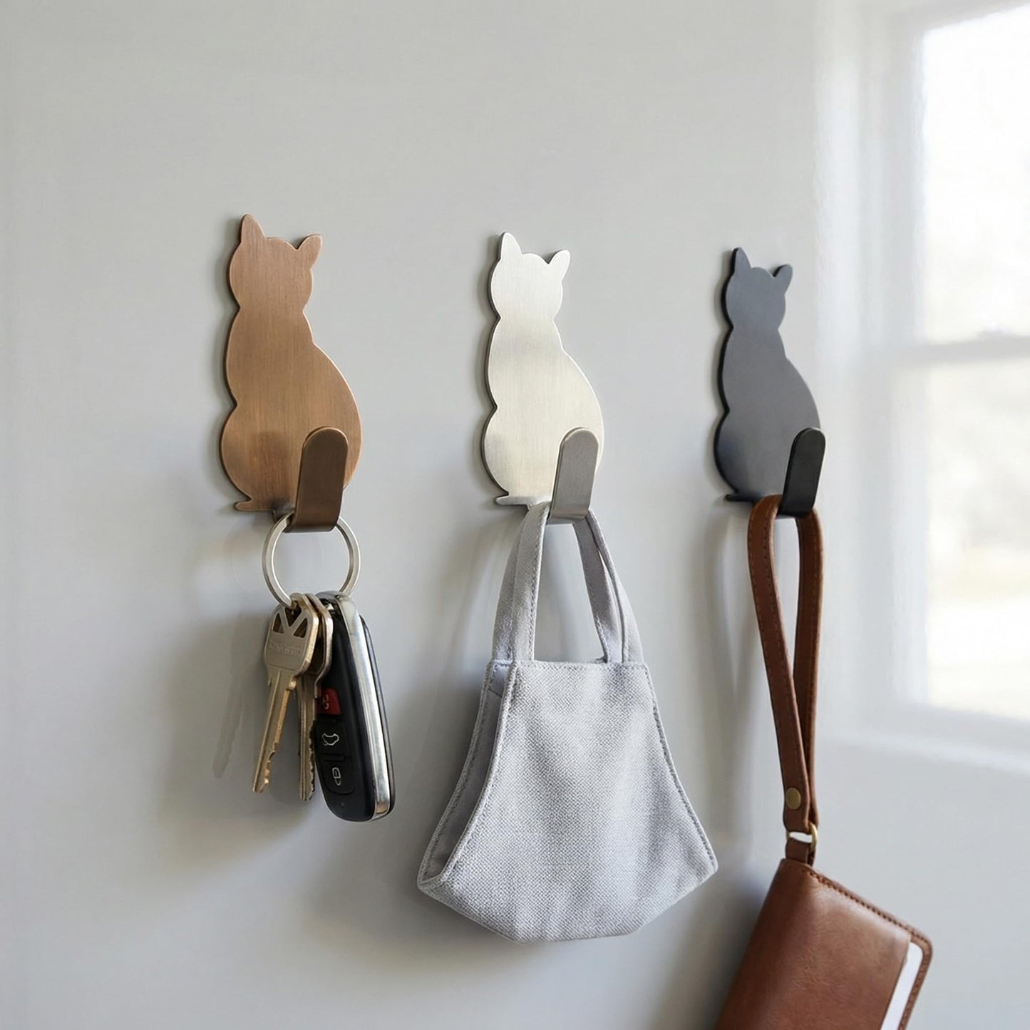 Cute Cat Adhesive Wall Hooks, 3 Pack No Drill Self Adhesive Hooks, Rustproof Stainless Steel Key & Towel Hooks for Bathroom, Kitchen, Entryway, Bedroom Wall Organization (Mixed Colors)