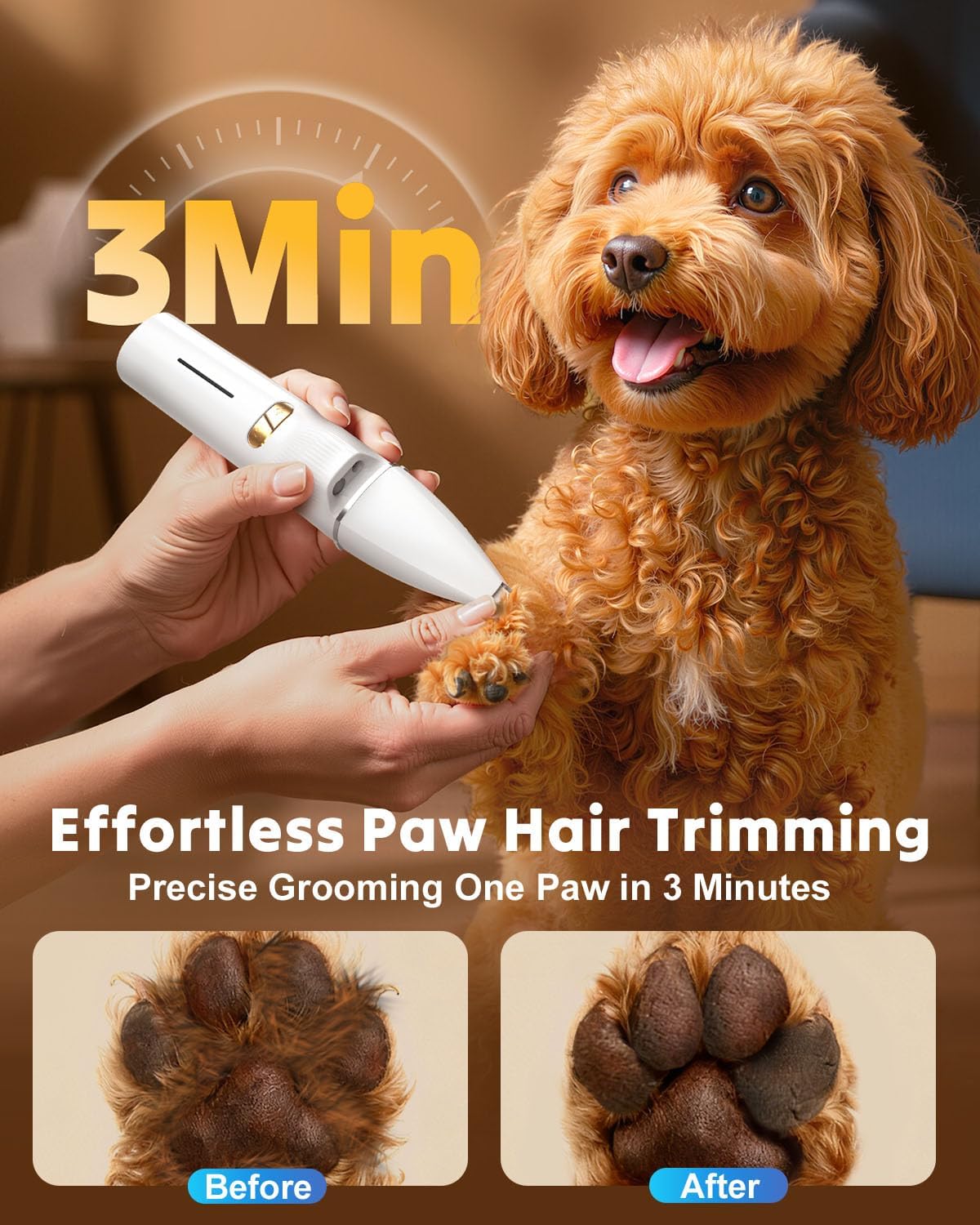 2-in-1 Dog Paw Trimmer - Quiet Cordless Clippers with 2 Speeds | Small Pet Grooming Tool for Paws, Eyes, Ears, Face, Rump - USB-C (White)