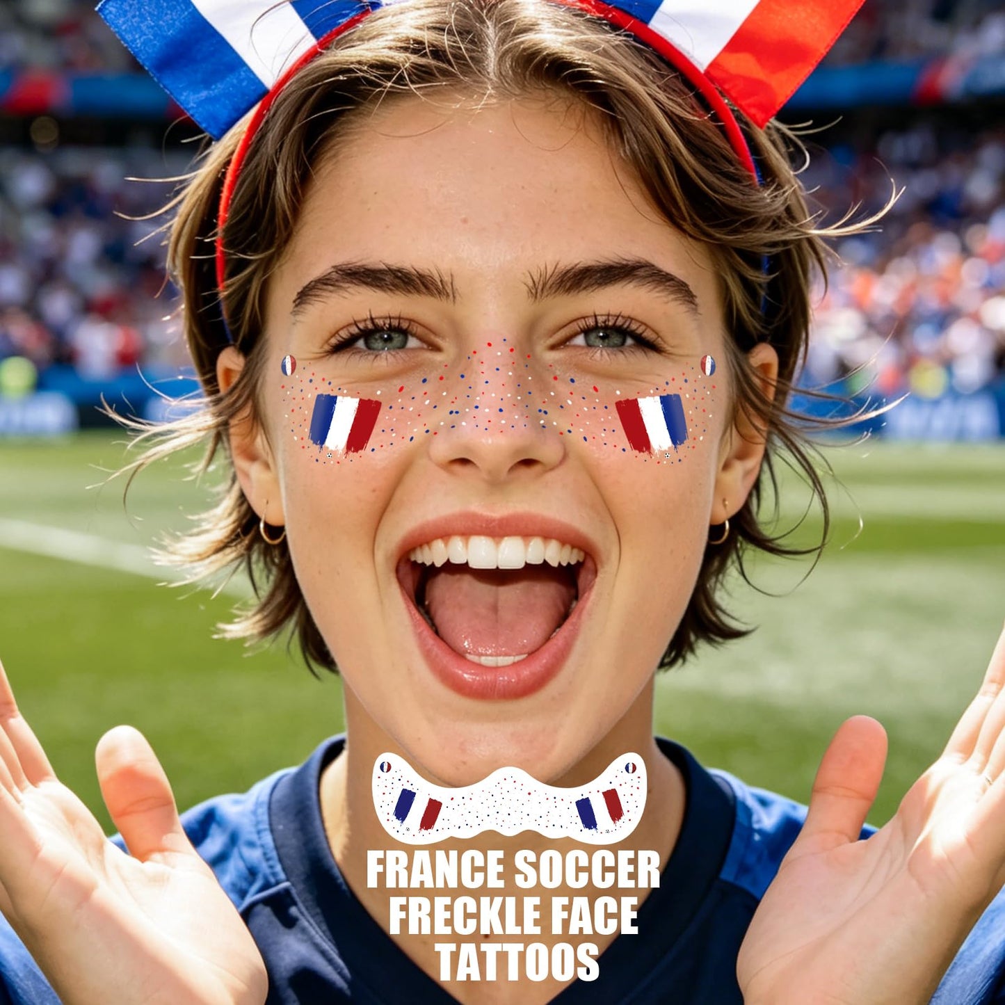 VXZ Blue White Red Soccer Fan Freckles Face Tattoo - Tricolor Vertical Flag Temporary Tattoos | Waterproof Sports Sparkle Stickers for Football Matches & Game Day Celebrations (8 Sheets)