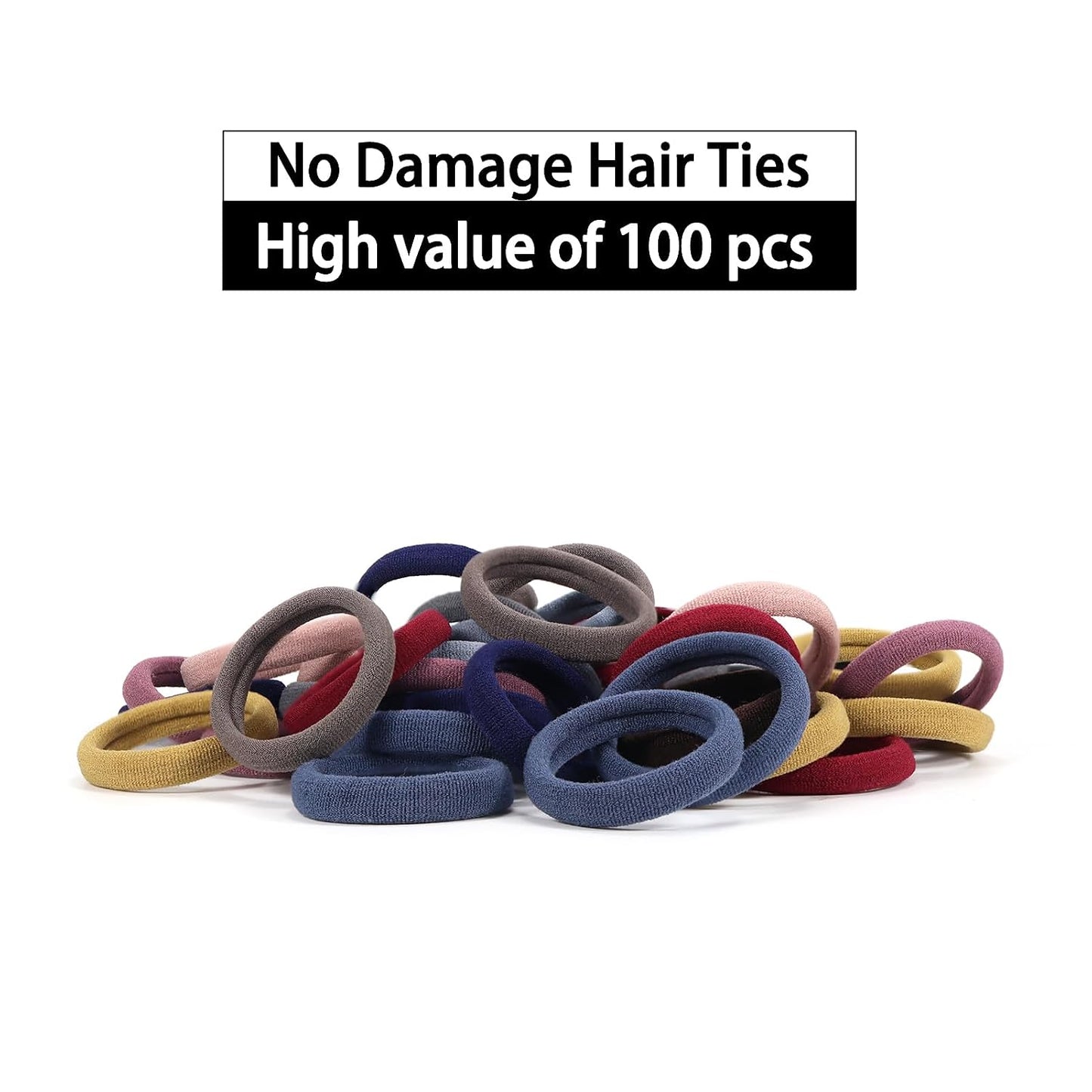 No Damage Solid Hair Ties - 100 Pack Colorful Ponytail Holders for Thick Hair | Soft Elastic Bands (Mix Light)
