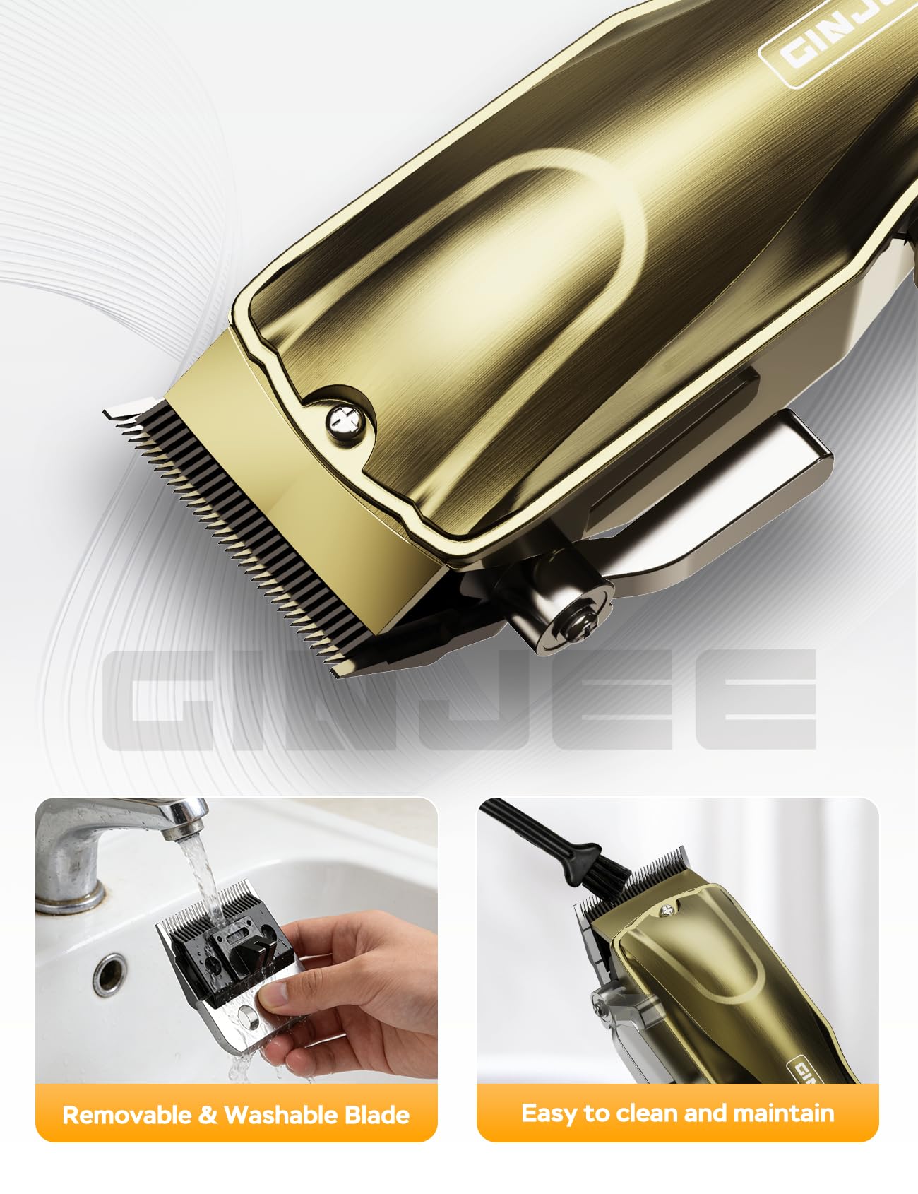 GinJee Hair Clippers for Men, Cordless & Corded Barber Clipper with 5Hrs Runtime, 7000RPM Rotary Motor & LED Display, Waterproof Professional Hair Cutting Kit for Men and Home Use (Gold)