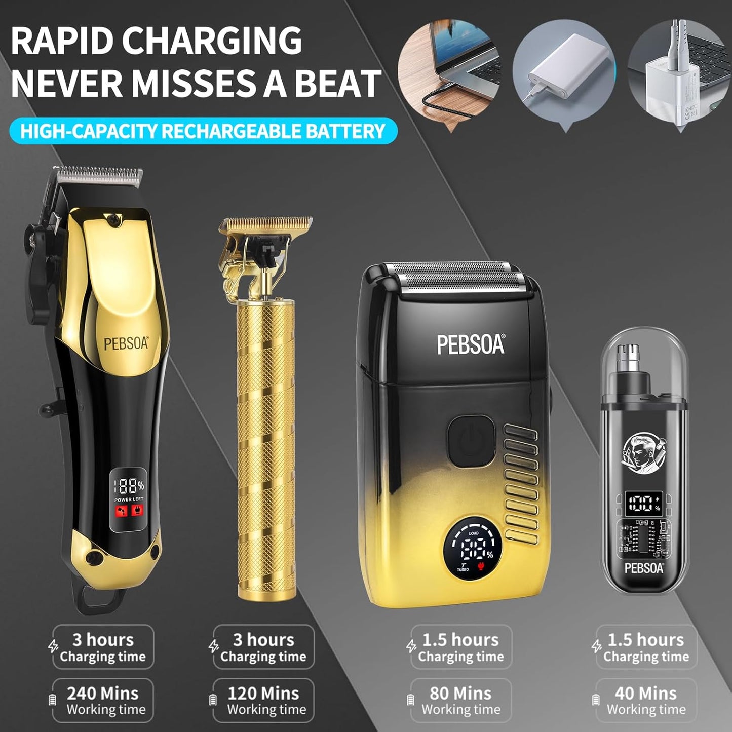 Hair Clippers for Men - Cordless Grooming Set with LED Display | 4-Piece Kit Includes Trimmer & Razor