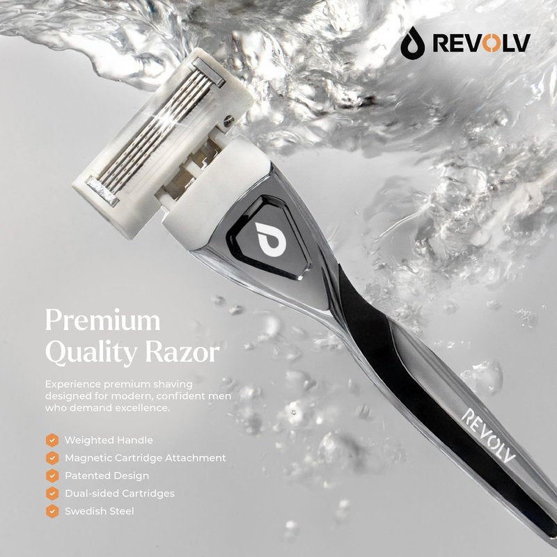 REVOLV - Men’s Razor Shaving Kit - 1 Premium Weighted Handle + 9 Dual-Sided Cartridges + 1 Stand - For a Closer, Smoother Shave - Safe on Sensitive Skin - 8 Razor Blade Refills - Black