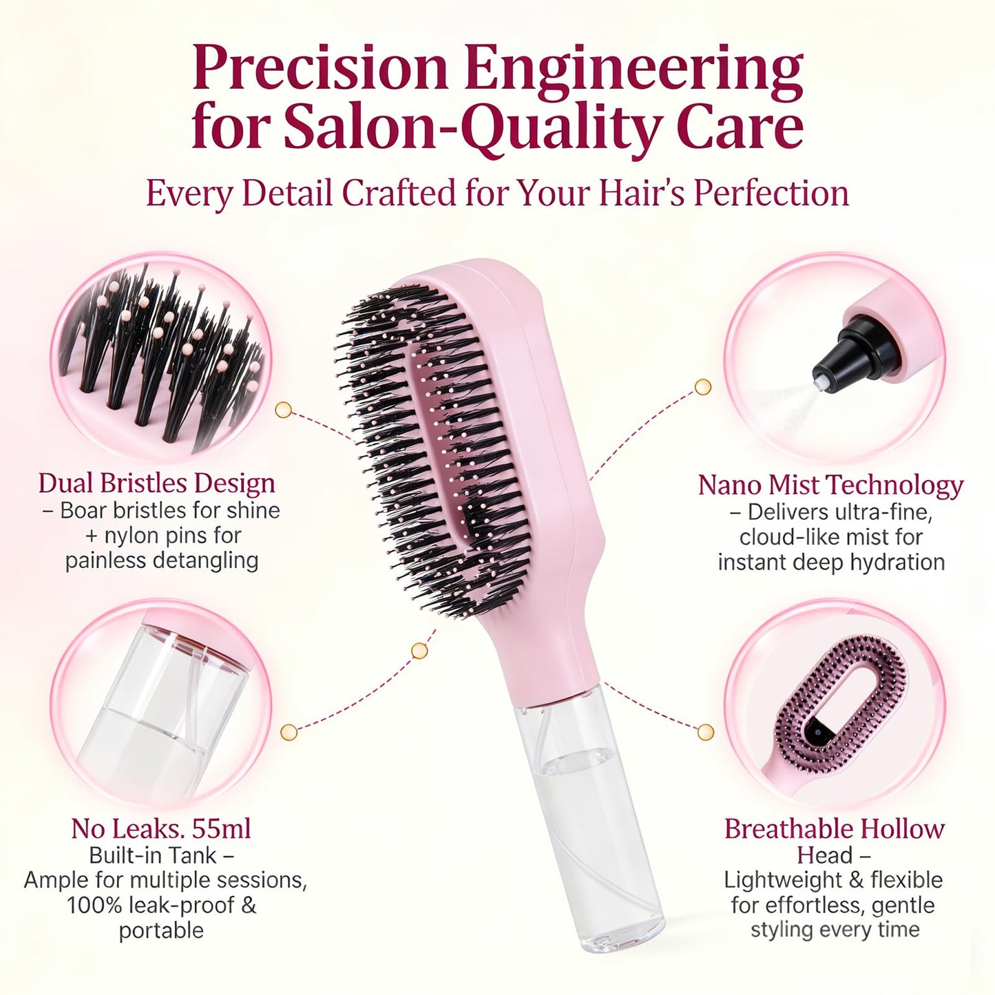 Hair Brush with Water Spray - 2-in-1 Detangling Brush with Built-in Mister Spray, 50ml Portable Spray Hair Brush for Wet & Dry Frizz-Free Styling, Women Girls & Kids(1 Kaki)