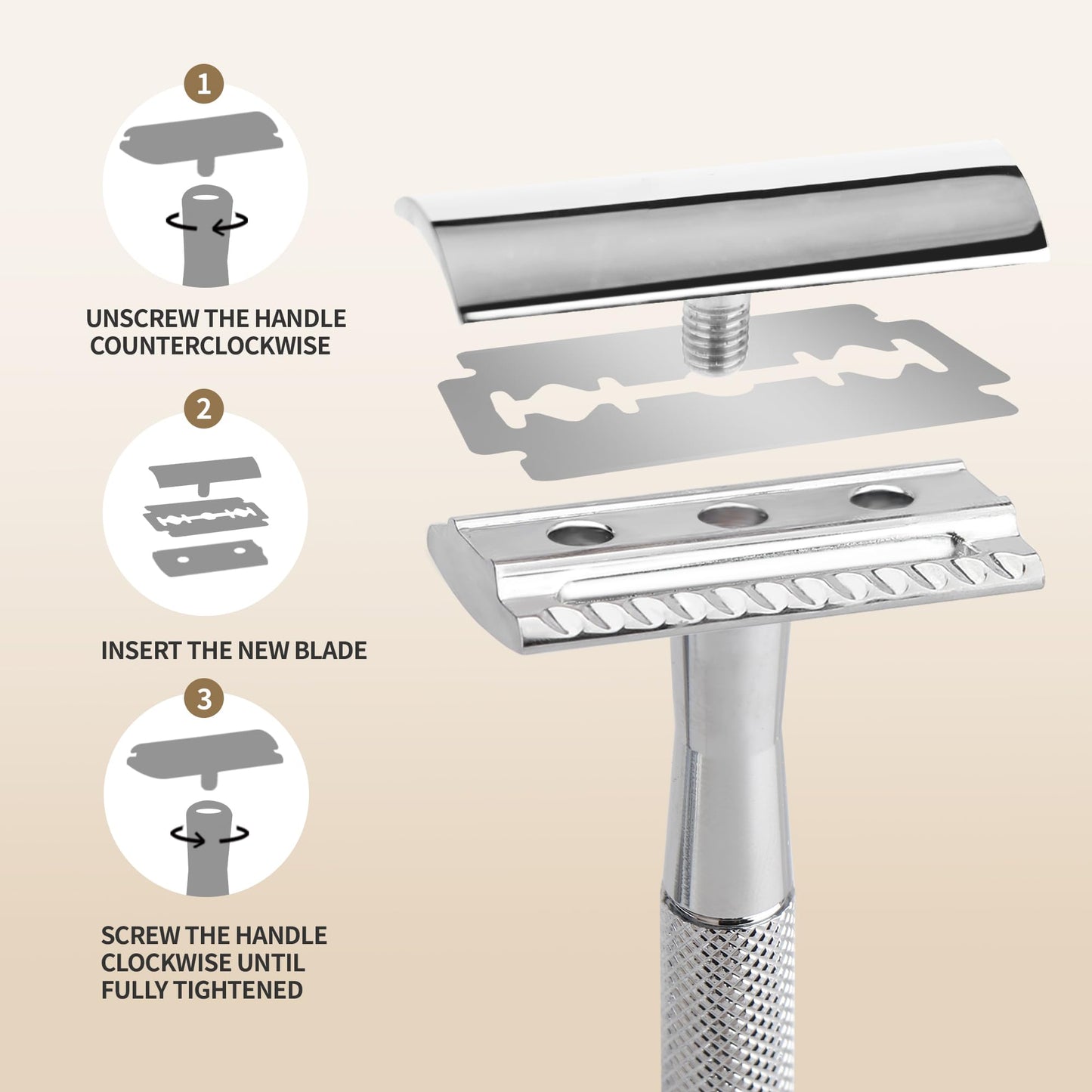 Gearhub Double Edge Safety Razor Stainless Steel Metal Reusable Wet Shaving Razor with 10 Swedish Platinum Blades for Men Women Barber Bikini Armpit Hair, Silver GRB3G