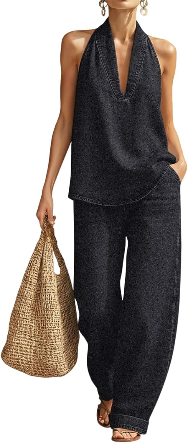 Women's Denim Outfit - Minimalist Halter Neck Top & High-Waisted Wide Leg Pants | Casual Travel Set