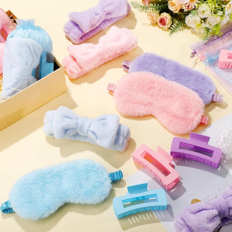 Spa Party Supplies - 48 Pcs Sleepover Essentials with Plush Eye Mask & Headband | Pink, Blue, Purple