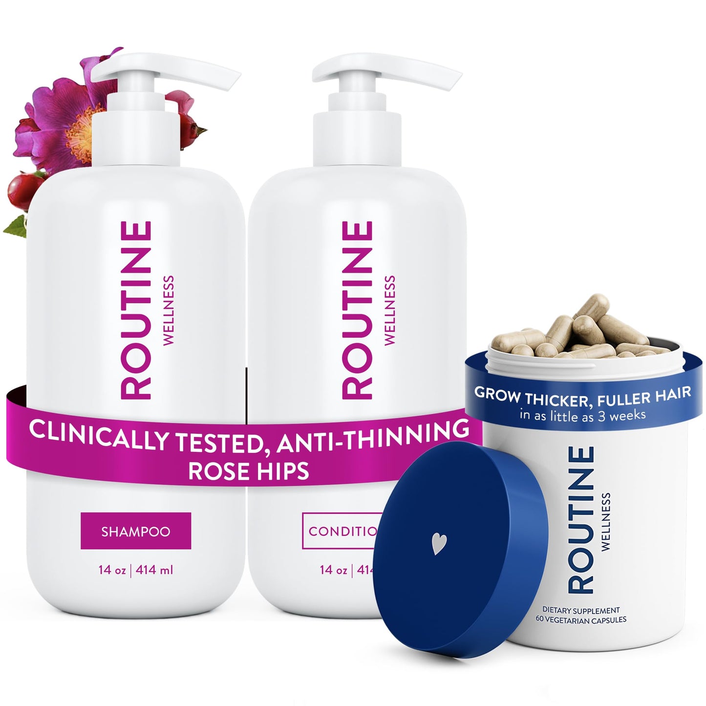 Routine Wellness Hair Thinning System, Anti-Thinning Shampoo & Conditioner Set Rose Hips + Hair Growth Supplement, Clinically Tested to Support Hair Growth