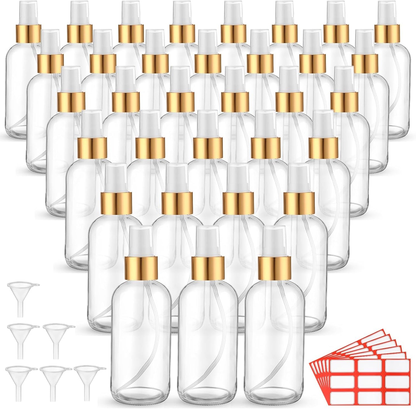 36 Pcs Glass Spray Bottles - 4oz Fine Mist Refillable Containers for Hair, Travel, Plants | Includes 6 Labels & Funnels