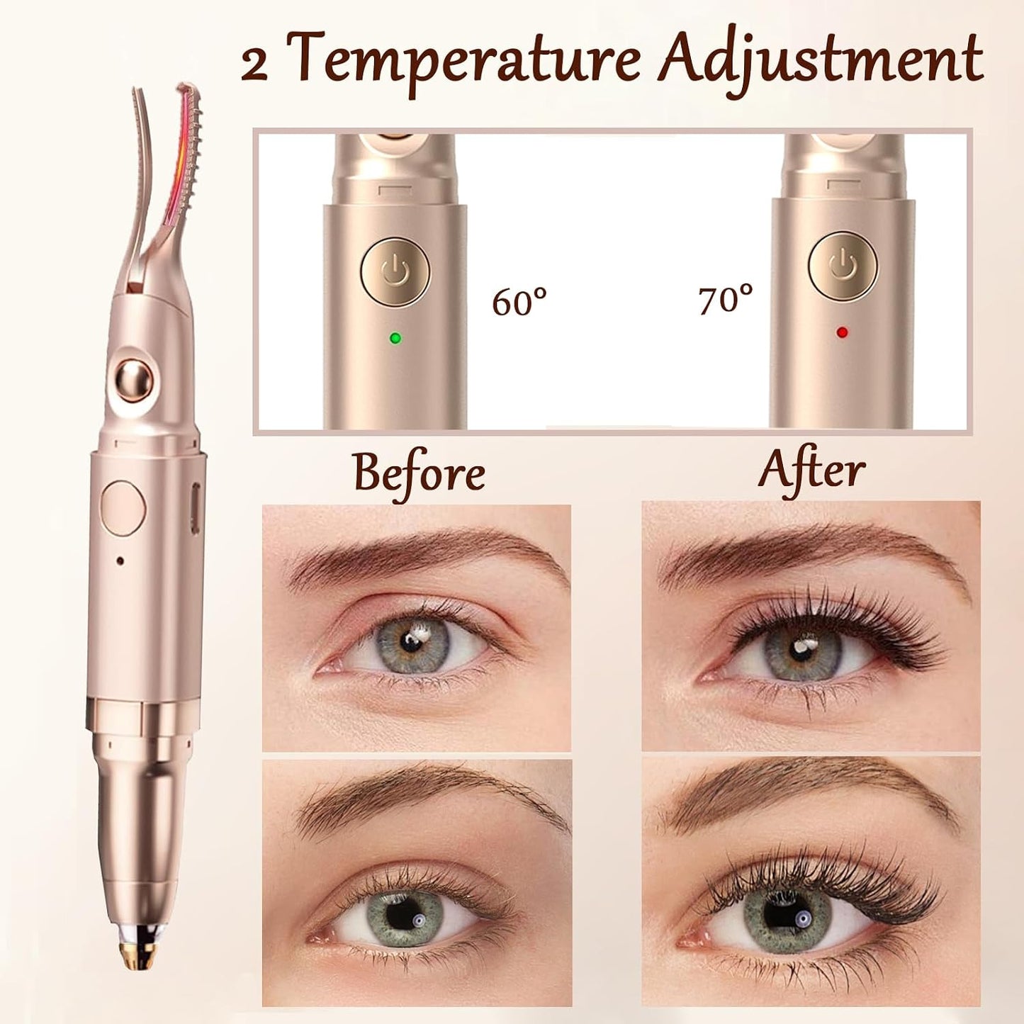 Heated Eyelash Curler - 2-in-1 Electric Eyelash & Eyebrow Trimmer | USB Rechargeable, Anti-Burn Design, Gold