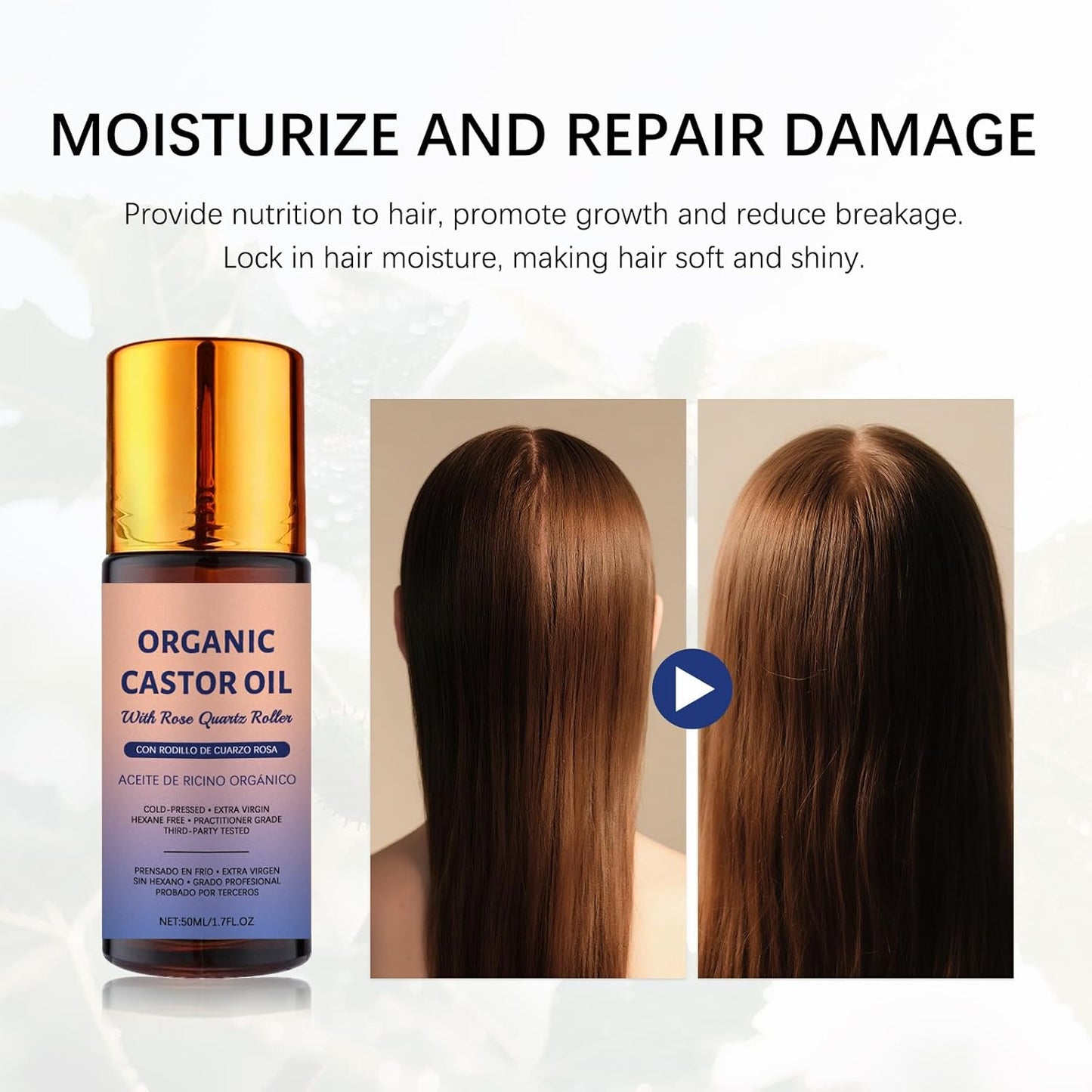 Organic Castor Oil Roll-On - 100% Pure Cold-Pressed for Hair Growth, Eyelashes & Skin Moisturization | 50ml with Rose Quartz