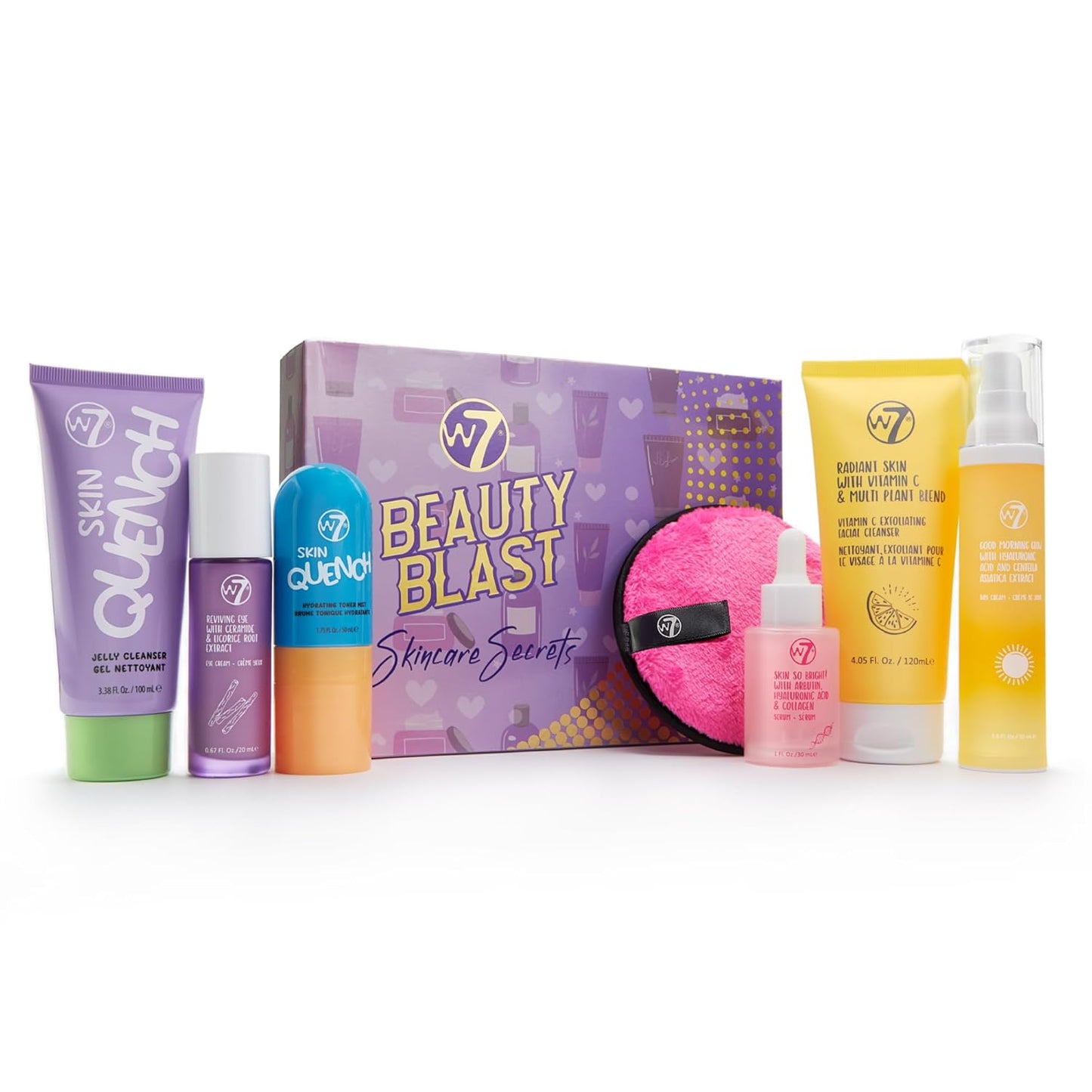 W7 Beauty Blast Skincare Secrets Set | Complete Full-Size Routine with Day Cream, Serum, Cleanser & Eye Cream