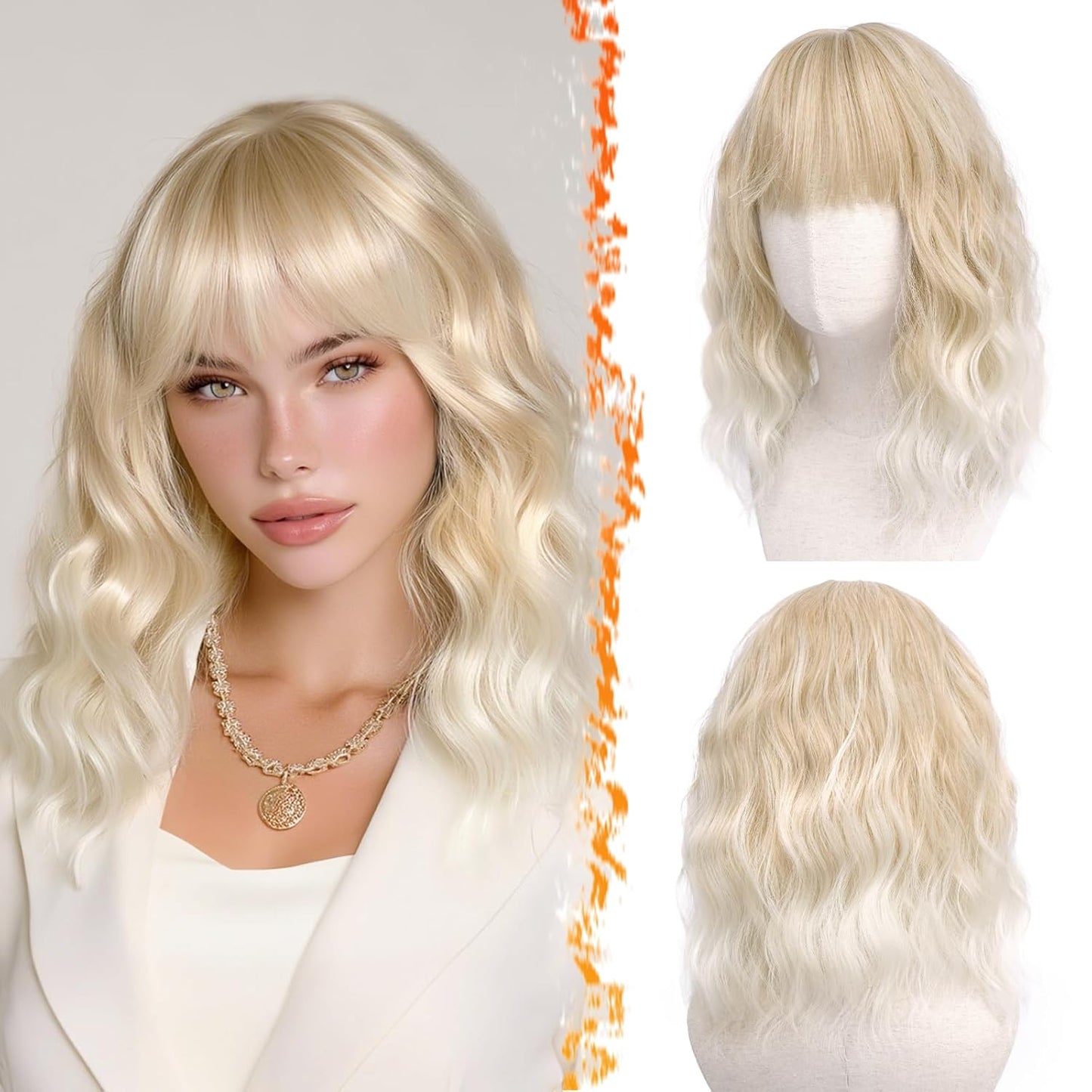 Long Wavy Blonde Curtain Bangs Wig - 26" Synthetic Ombre Wig with Dark Roots | Soft Natural Look