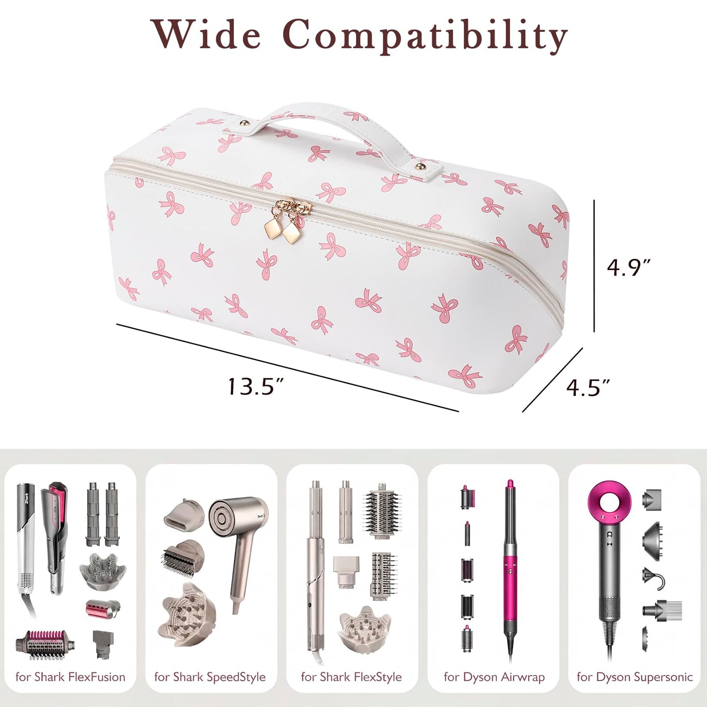 RSRSLEII Hair Tools Travel Bag, Waterproof Hair Styling Accessories Storage Case for Hair Dryer Straightener Curling Iron, Wide-open Hot Hair Tool Organizer with Dividers(02 Pink Bow)