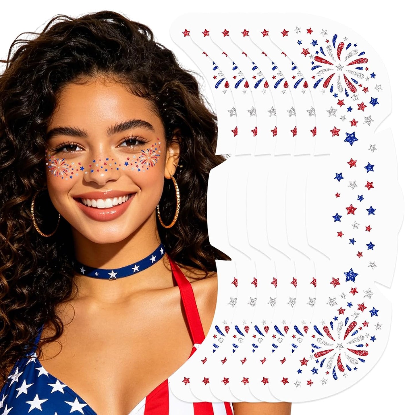 Mysense Waterproof 4th of July Temporary Tattoos - Red, White & Blue Glitter Face Stickers | Easy Application, 6 Sheets