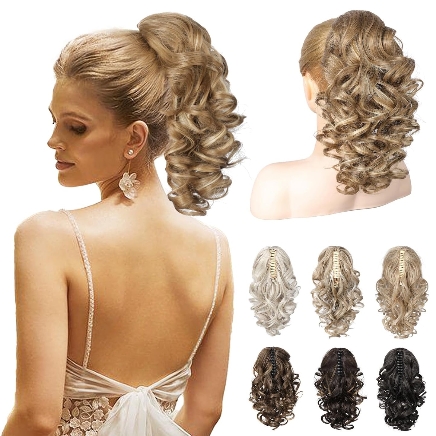 Ponytail Extension - 16" Classic Loose Curly Wavy Claw Clip Hairpiece for Women | Black Brown
