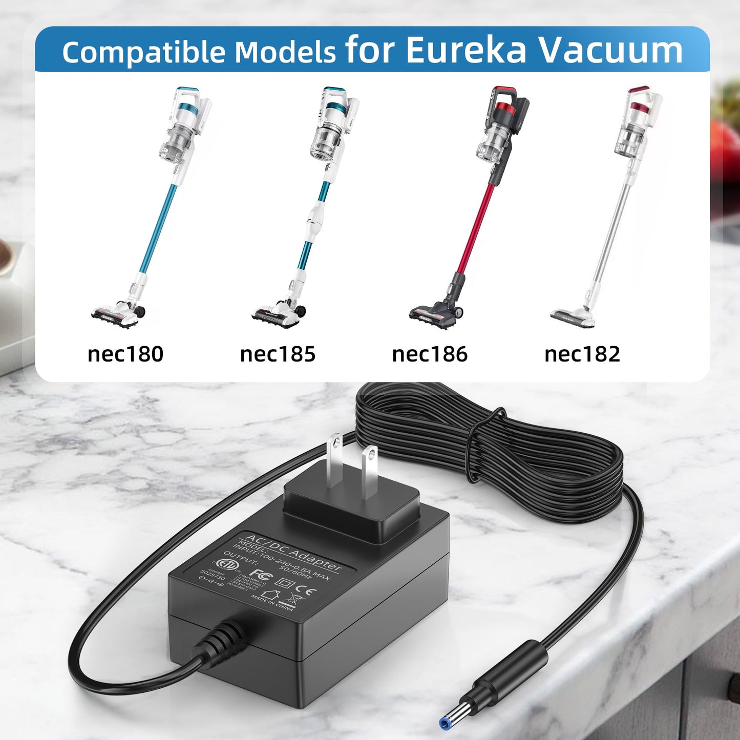 Charger for Eureka RapidClean Pro, Power Cord for Eureka Stylus Lightweight Cordless Vacuum Cleaner NEC180 NEC182 NEC185 NEC186, Length 5.9FT