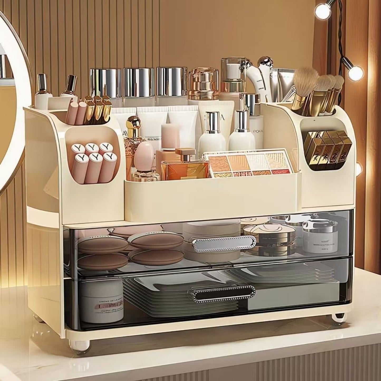 Makeup Organizer with Drawers - Vanity & Bathroom Countertop Storage for Brushes, Skincare, Lipstick | Cream Color