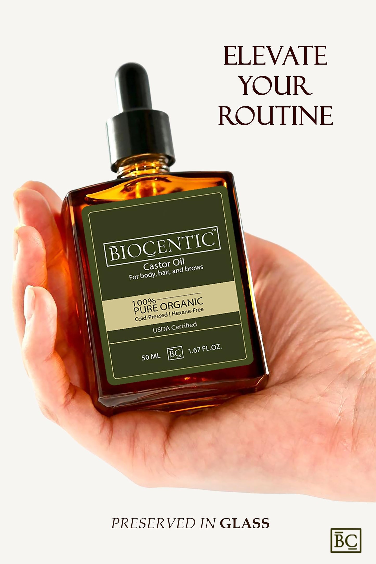 BIOCENTIC Premium Quality Organic Castor Oil (500ml) Ricinoleic Acid 90%, Glass bottle, 100% Pure, Cold-Pressed, Hexane-Free. Stimulate Hair, Eyelash & Eyebrow Growth. Treatment for Skin & Scalp.
