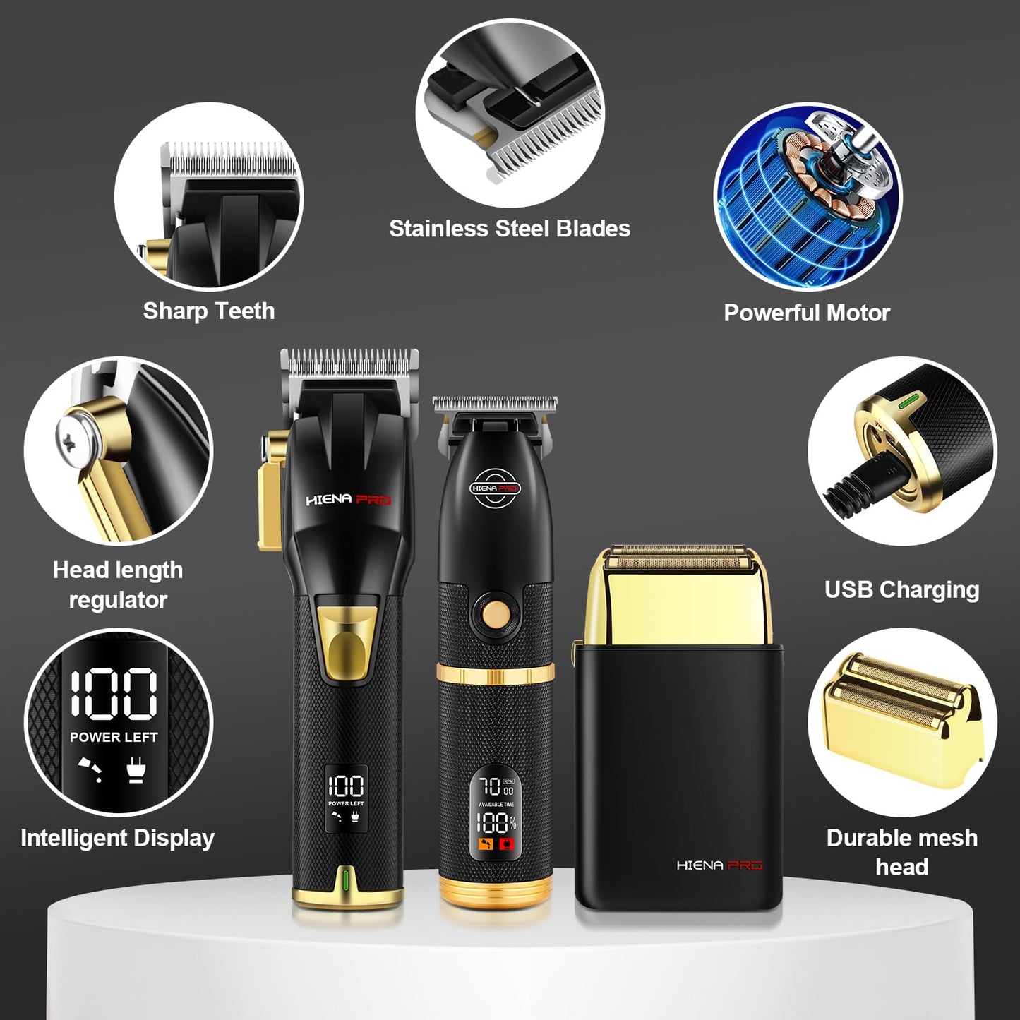 HIENA PRO Hair Clippers Zero Gapped Hair Trimmer Set & Foil Shaver for Men, Professional Cordless Rechargeable Beard Trimmer Barber Hair Cutting Kit with LED Display， Gifts for Men