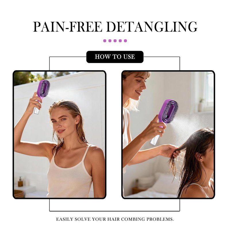 2-in-1 Detangler Hair Brush with Mister Spray - Wet & Dry Anti-Frizz Brush for Curly, Wavy & Straight Hair | 50ml Water Reservoir (Purple)