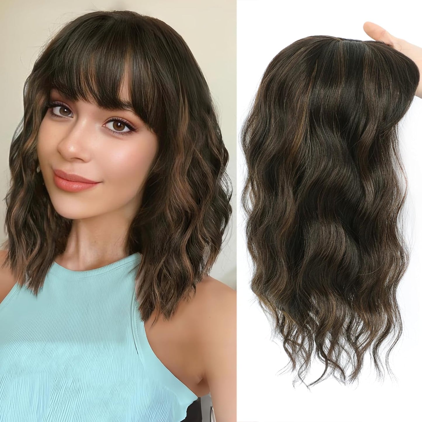 Hair Topper for Women - 16 Inch Synthetic Curly Wavy Clip-In with Curtain Bangs | Natural Looking Dark Brown Volume Piece